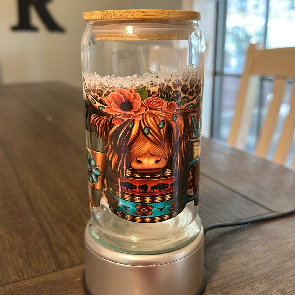 NEW- UV DTF Country design 16 oz can shaped glass cup .